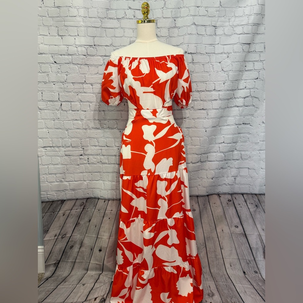 Elegant Off-Shoulder Orange and White Dress with cut outs in waist